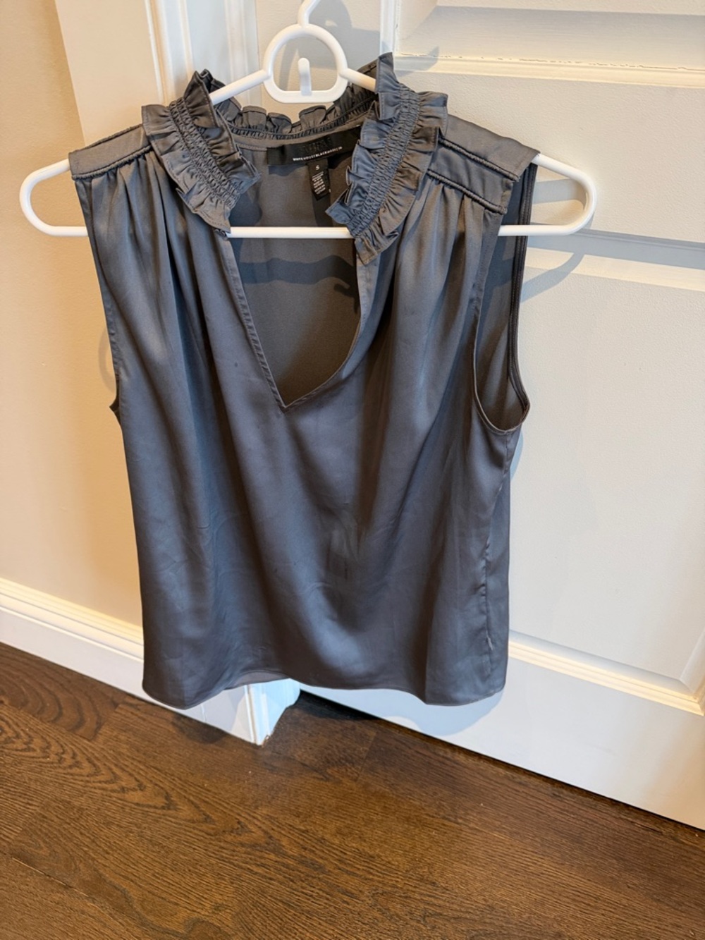 White House Black Market Sleeveless Ruffle V-Neck Top - Slate Gray